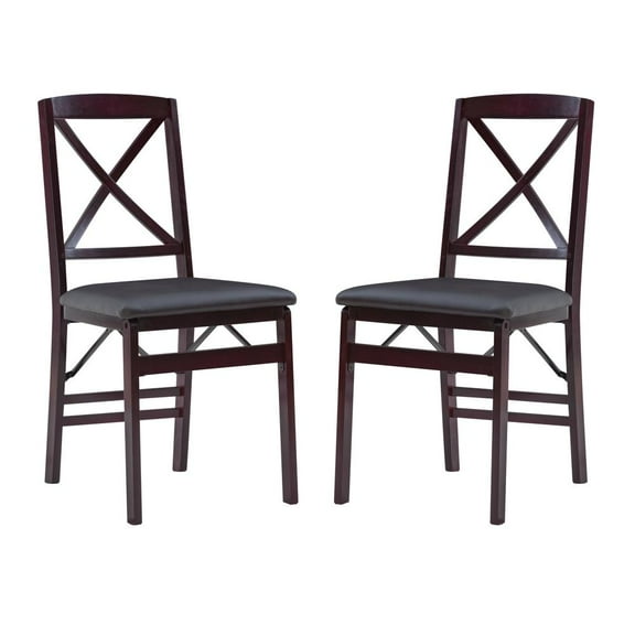 Linon Triena X-Back Set of 2 Folding Chairs Faux Leather Seat in Merlot Wood
