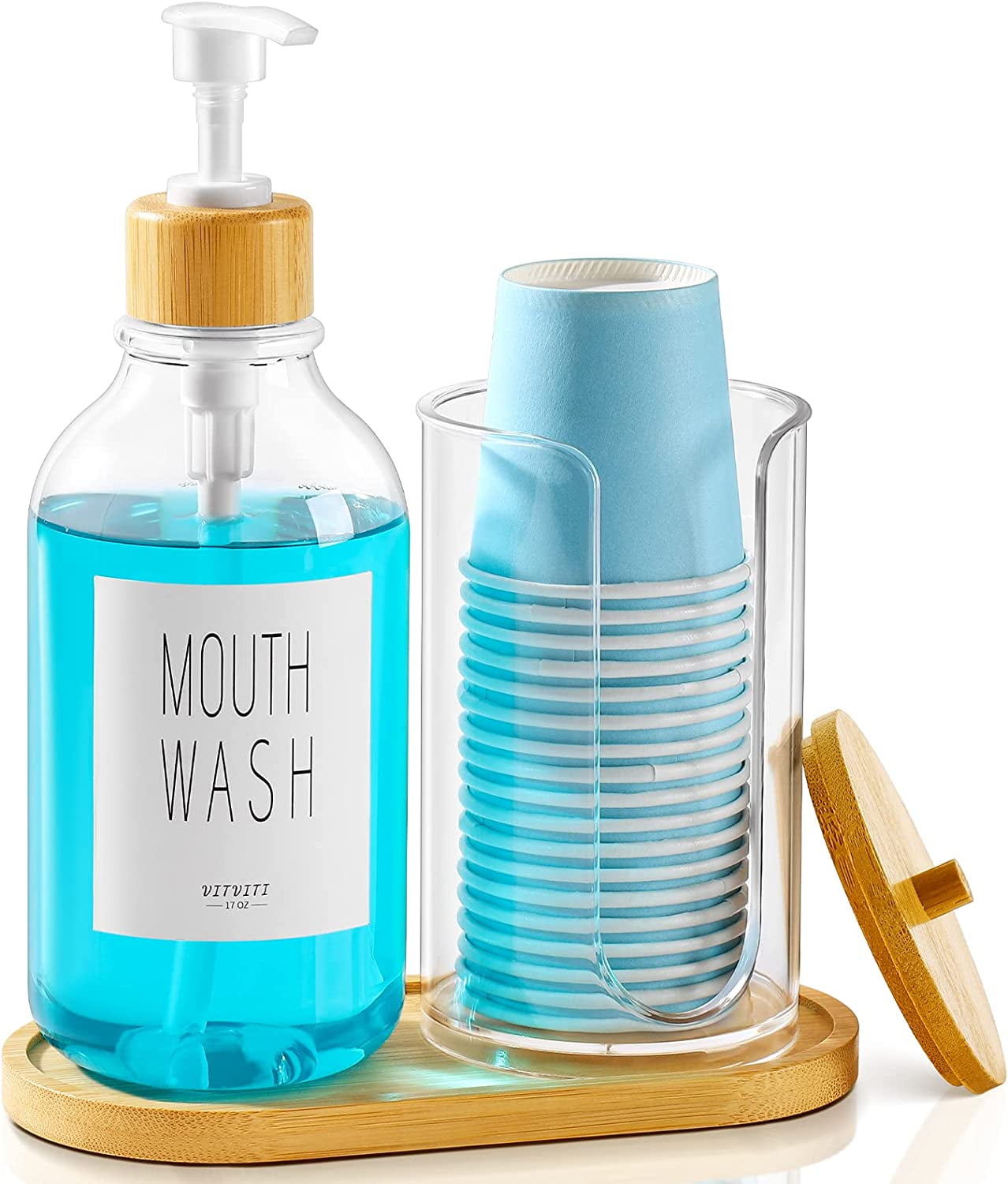 Mouthwash Dispenser for Bathroom, Mouth Wash Pump Bottle with Paper Cup