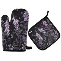 Yayeee Oven Mitts and Pot Holder Set of 4 Heat Resistant Kitchen Gloves Baking Hot Pad, Light Purple Flowers