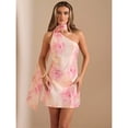 thumbnail image 6 of Solid Cream Yellow Asymmetrical Shoulder Backless Mini Satin Dress for Cocktail, Wedding Guest, Valentine's Day, 6 of 10