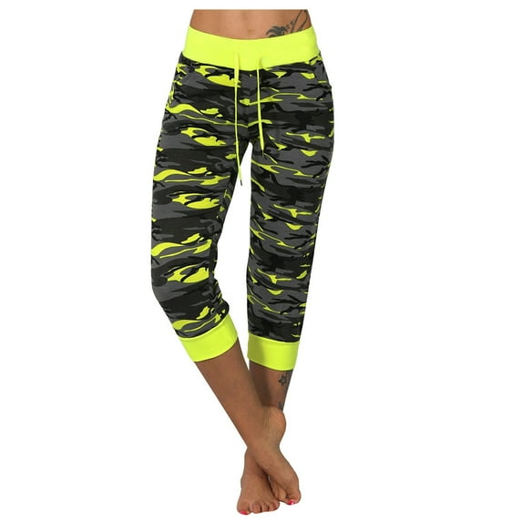 UHUYA Women Plus Size Sweatpants Yoga Camouflage Printed Panel Drawcord Fashion Capris Casual Cropped Leg Pants Yellow XL US:10
