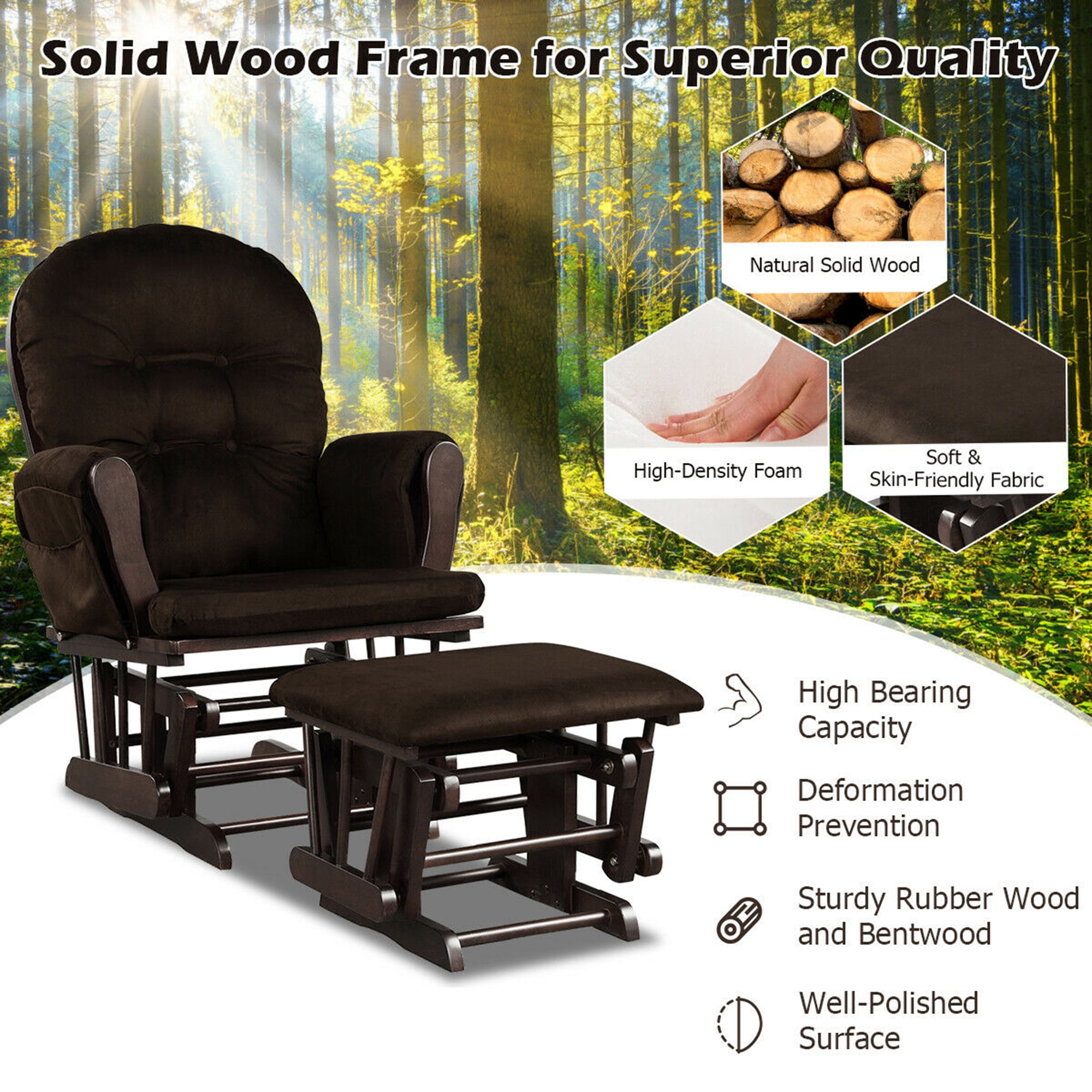 Gymax Wood Baby Nursery Rocking Chair Glider and Ottoman Cushion Set Brown