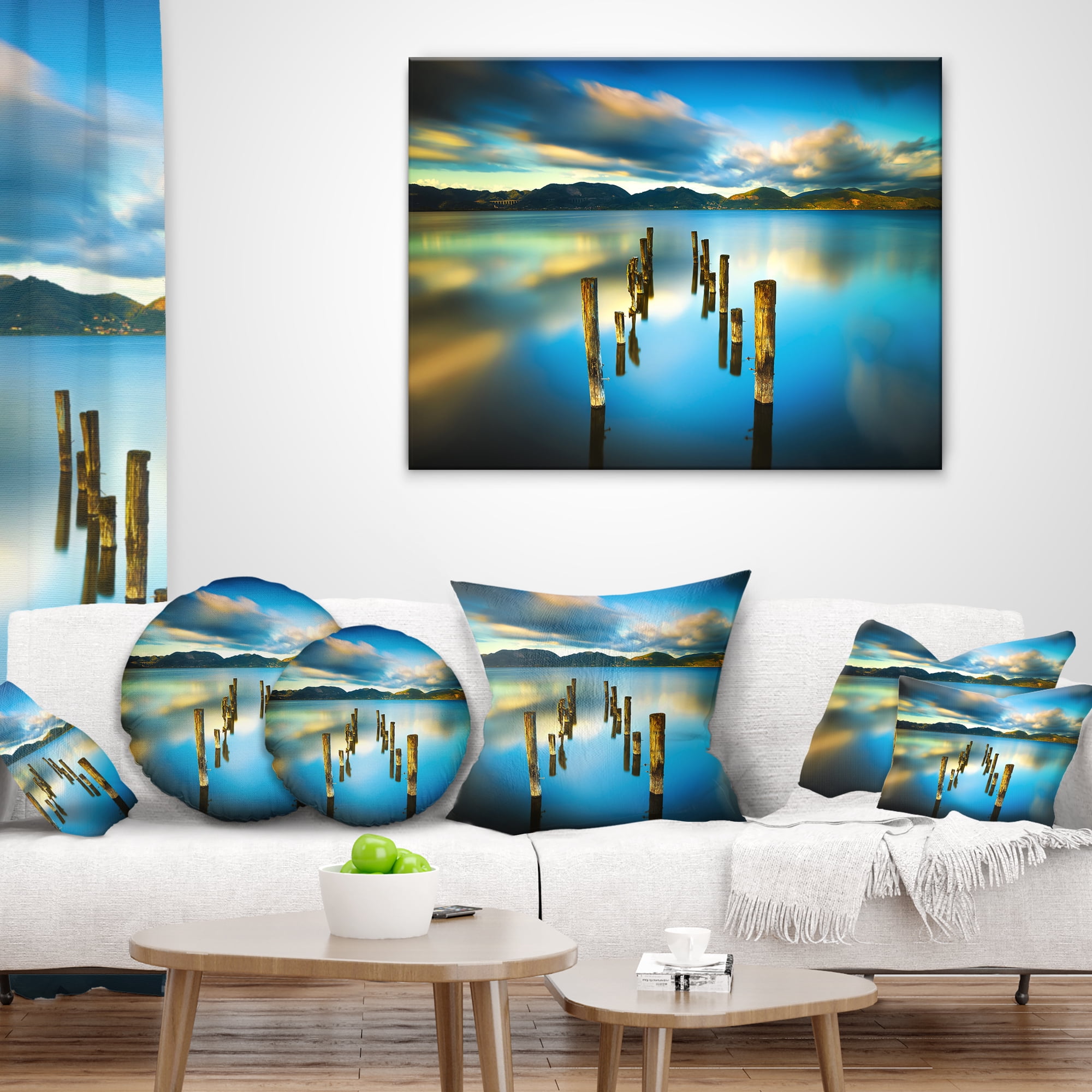 Designart Cloudy Lake with Broken Pier - Seascape Throw Pillow - 18x18