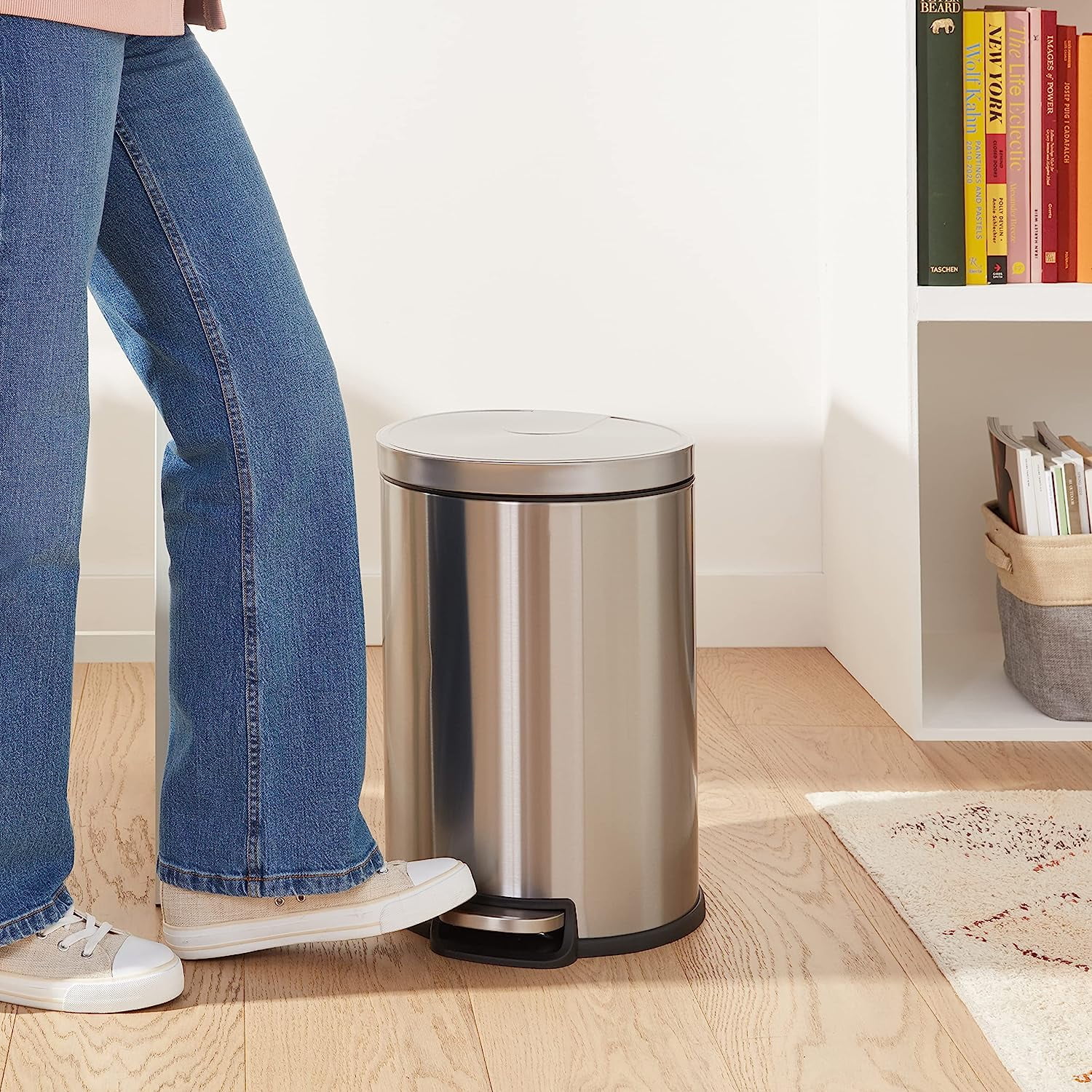   Basics Round Cylindrical Trash Can With Soft-Close Foot  Pedal, 30 Liter/7.9 Gallon, Brushed Stainless Steel