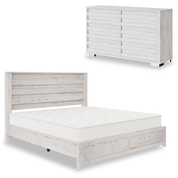 VanAcc 2-Piece Farmhouse Full Bedroom Set, King Bed Frame and 54" 6-Drawer Dresser with 49" Fluted Headboard, Distressed White