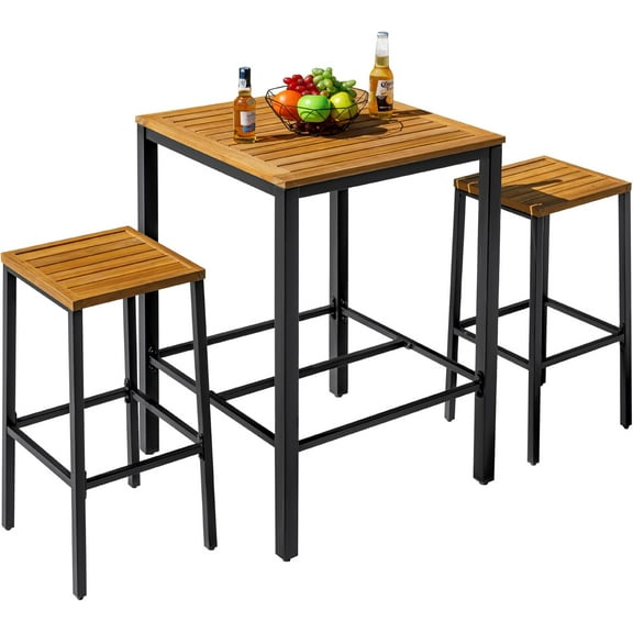 QISHENSHUI Acacia Wood Outdoor Patio Bar Set for 2, Square Counter Height Table with 2 Stools, Dining Bar Set for Garden, Deck, Pool Side, Dining Room, Kitchen, Living Room