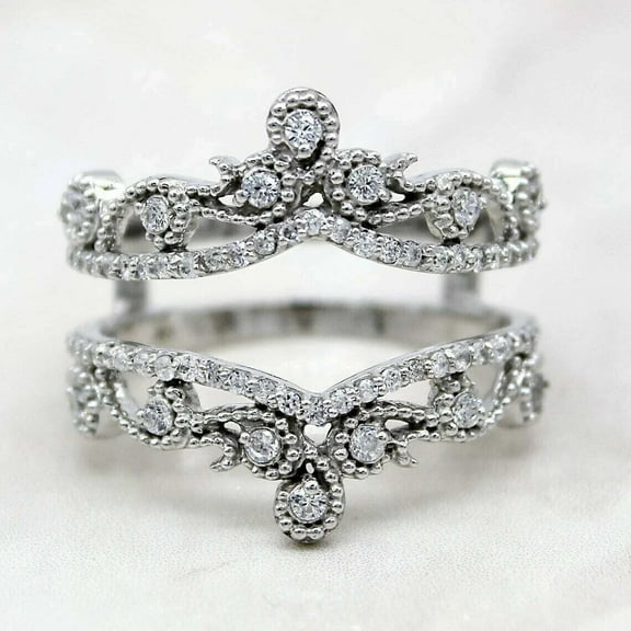 Silver & Stone Jewels 14k White Gold Finish Round Cut Cubic Zirconia Wedding Enhancer Guard Ring