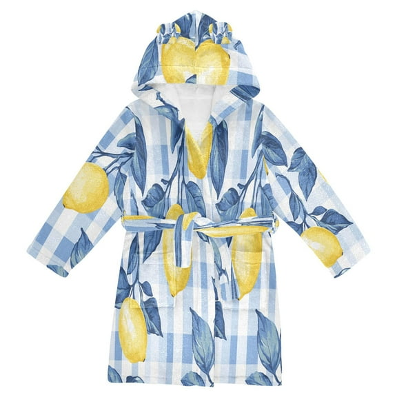 FORMRS Niños Bathrobe Unisex Hooded Robe Soft Plush Pajamas Sleepwear, Size 2-3T, Light Blue Lemon