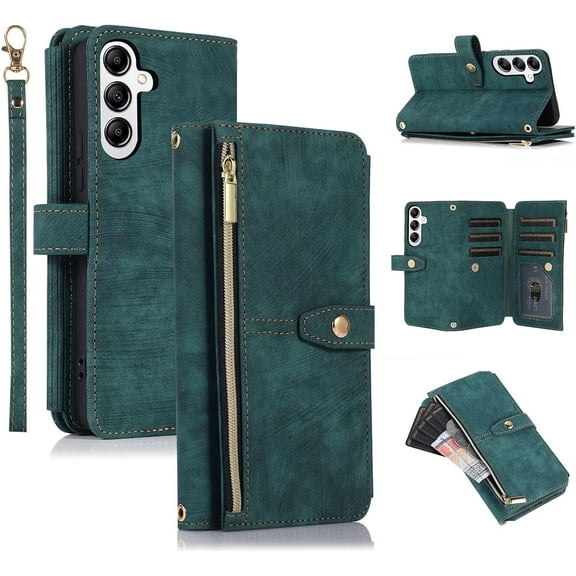 Wallet Case for Samsung Galaxy S23 FE 5G, 9 Card Slots Retro Leather Wallet Shockproof Flip Cover with Hand Strap Card Slots Zipper Pocket Kickstand Handbag Magnetic Closure - Retro Green