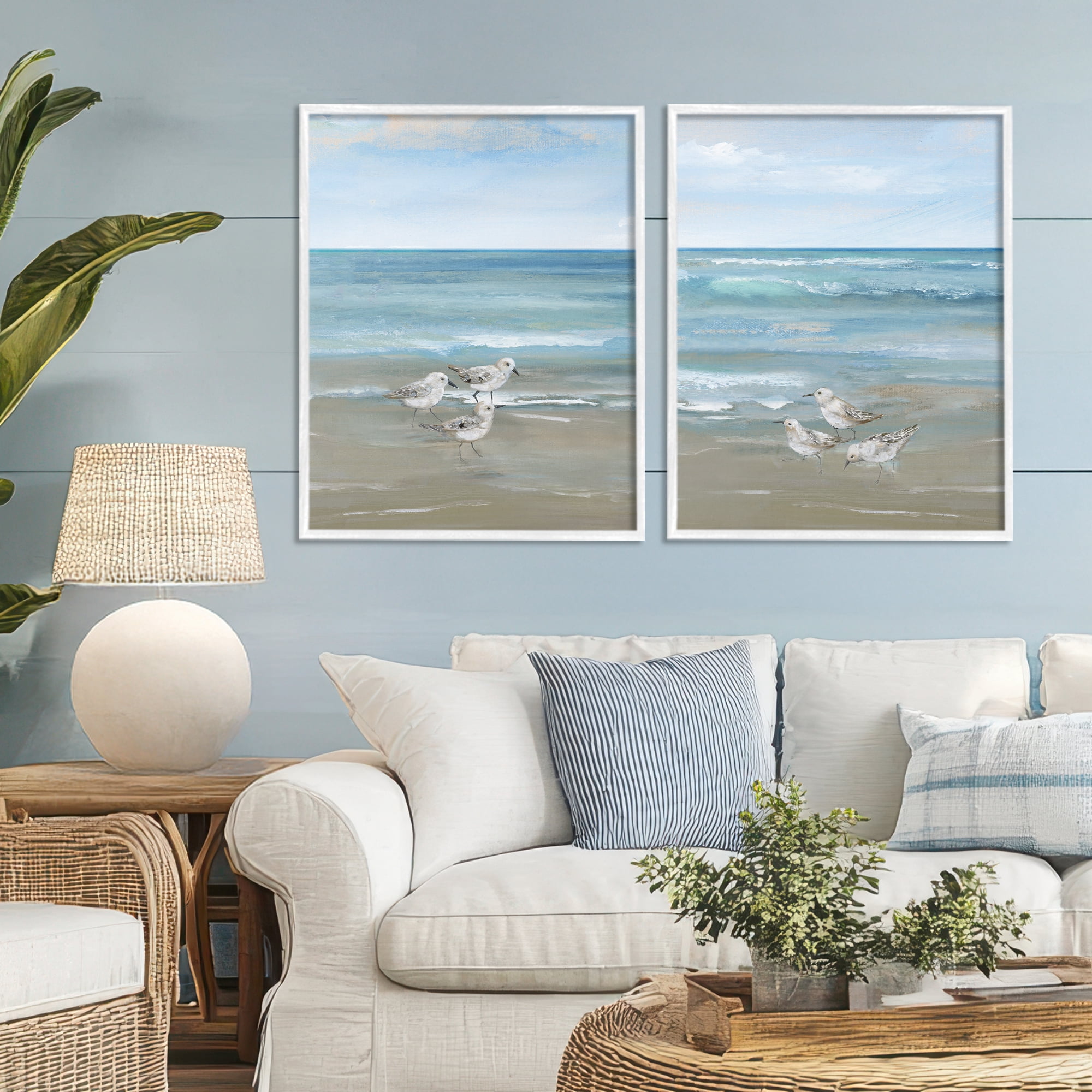 Stupell Industries Seaside Sanderlings at Dawn 2 Piece White Framed Giclee Art Set, design by Nan