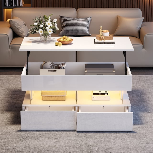 Table basse relevable Noble House avec éclairage DEL et 2 tiroirs, blanche