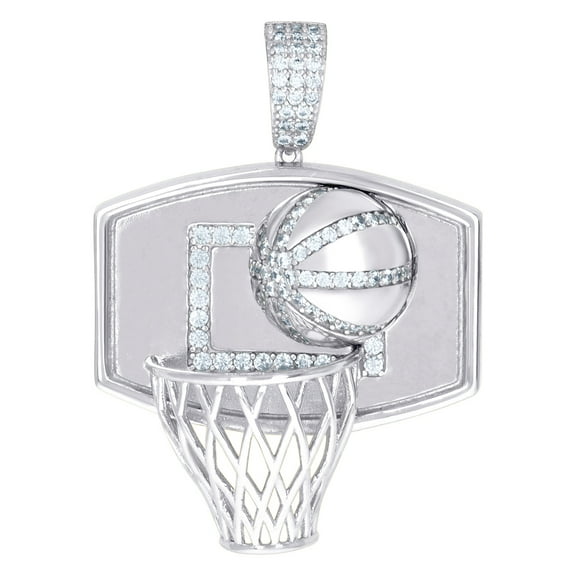 925 Sterling Silver Mens Cubic Zirconia Basket Ball Sports Charm Pendant 42.1x30.9mm Wide Necklace for Men