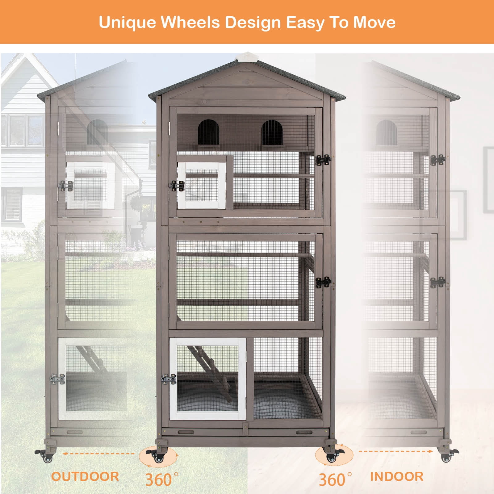 PETSCOSSET Flight Bird Cage Outdoor Large Wooden Bird Aviary on Wheels, Brown