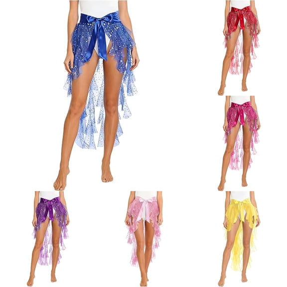 Wxolcjlv Womens Sequin Tulle High Low Skirt Sash Waist Party Feature Festival Skirts