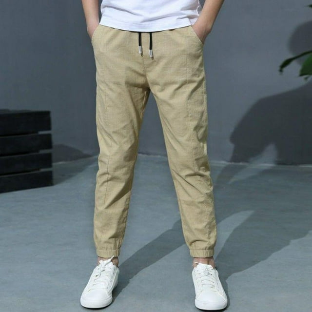 RKSTN Boys Casual Pants Cotton Linen Solid Color Elastic Drawstring Waistband Comfy Versatile Slim Fit Casual Cuffed Long Trousers With Pockets Winter Fashion Fall Pants For 4-10Years