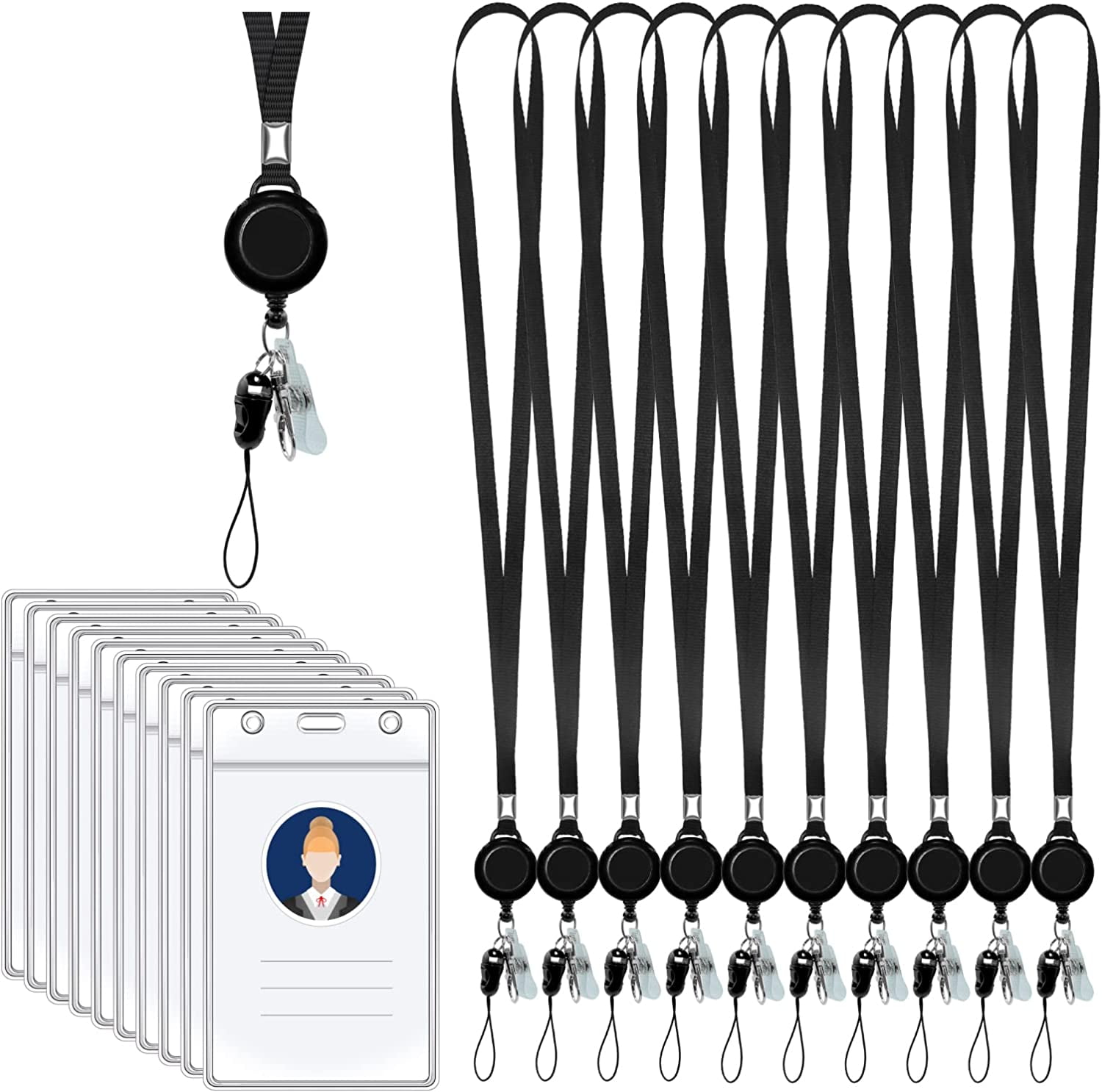 10 Pack Retractable Badge Reel Lanyards for id Badges, with Clear ID