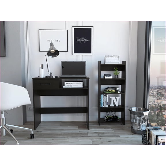 Desks 2-Piece Modern Home Office Set with 7 Shelves & 1 Drawer | Wenge | Particle Board