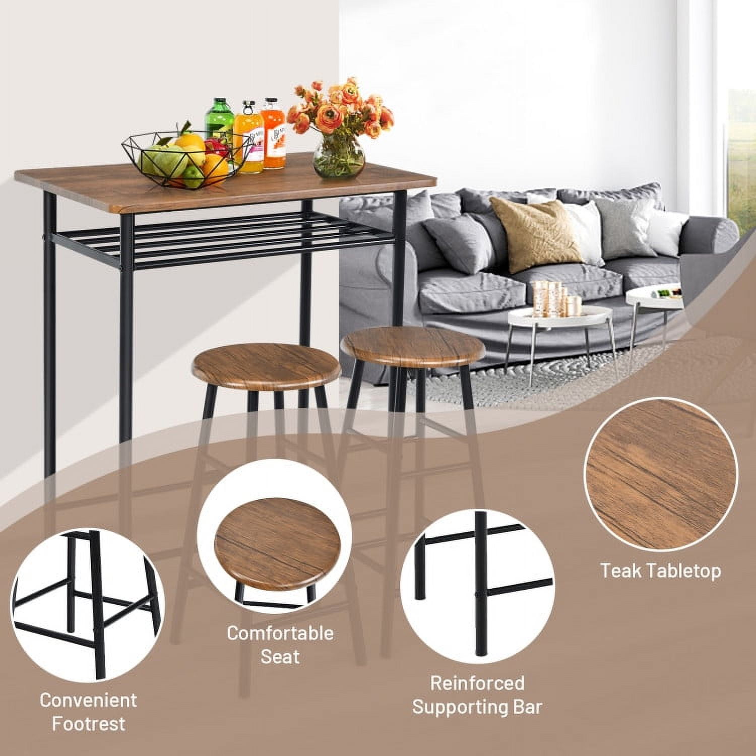 Finihen Dining Set, Dining Table Set, 3 Pieces Bar Table Set with 2 Stools, for Home, Restaurant, Dark Walnut Finihen Dining Set, Dining Table Set, 3 Pieces Bar Table Set with 2 Stools, for Home, Restaurant, Dark Walnut