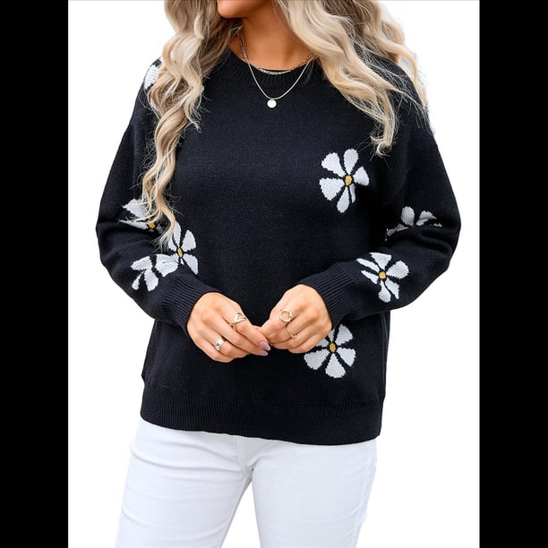 Suéter de Flores para Mujer, Suéter de Punto de Cuello Redondo Extragrande, Top de Punto Acanalado, Conjuntos de Invierno, Tops Tipo Jersey. Negro L