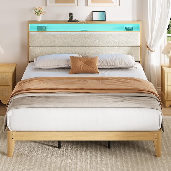 Cream/White Boucle Upholstered Full/Queen Platform Bed Frame, Modern LED Bed with Built-In Charging Station, Sturdy Wooden Slats, Noise-Free & Easy Assembly, No Box Spring Needed