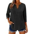 thumbnail image 2 of QIUOMBBP Button Tops for Women 3/4 Sleeve V Neck Pleated Solid Linen T Shirts Loose Casual Summer Loungewear Blouse Black S, 2 of 7