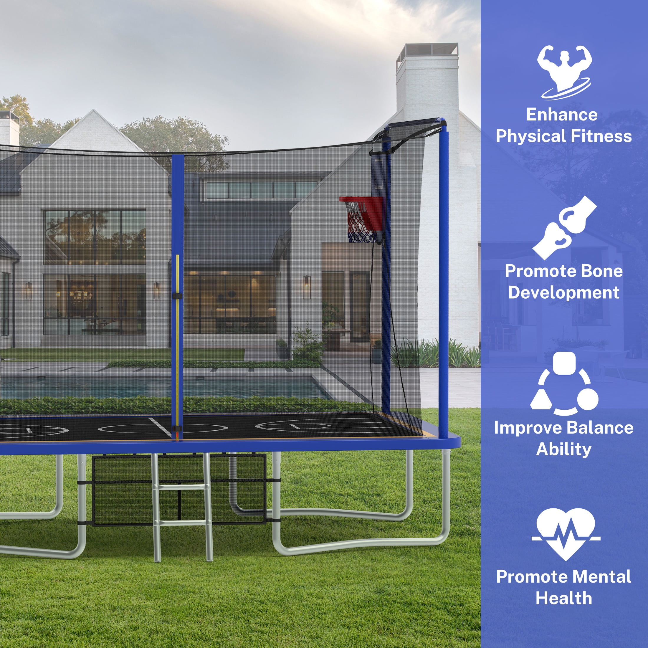 8 ×12FT Large Trampoline for Kids and Adults, SHINPT Outdoor trampoline with 2 Basketball Hoops, Big Trampoline with 360° Safety Net, Kids Trampoline Outdoor with Football Net with 1600LBS Capacity