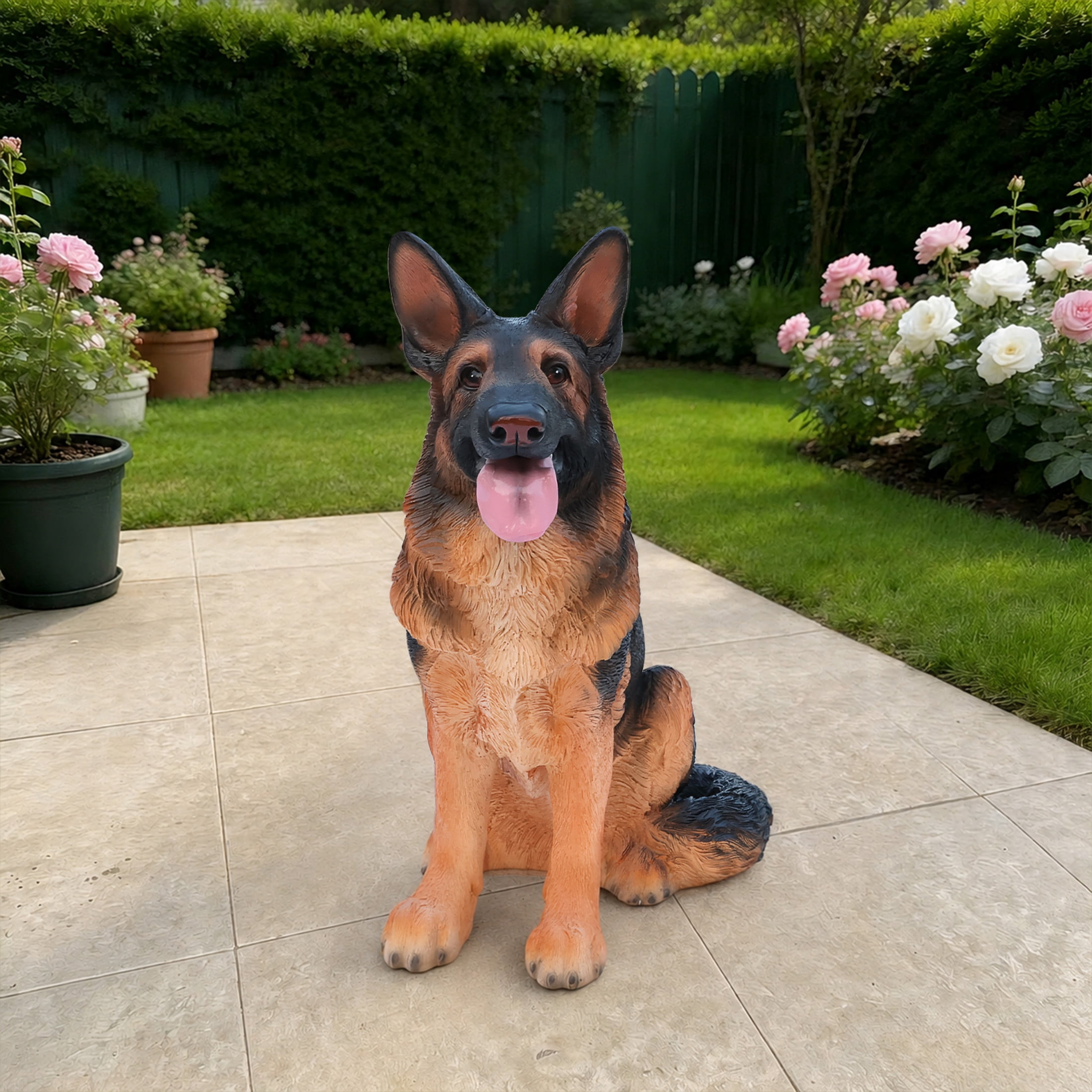 Noble House Lifelike Sitting Sitting German Shepherd Statue, Realistic Resin Animal Figurine for Outdoor Garden Decor, Black Brown