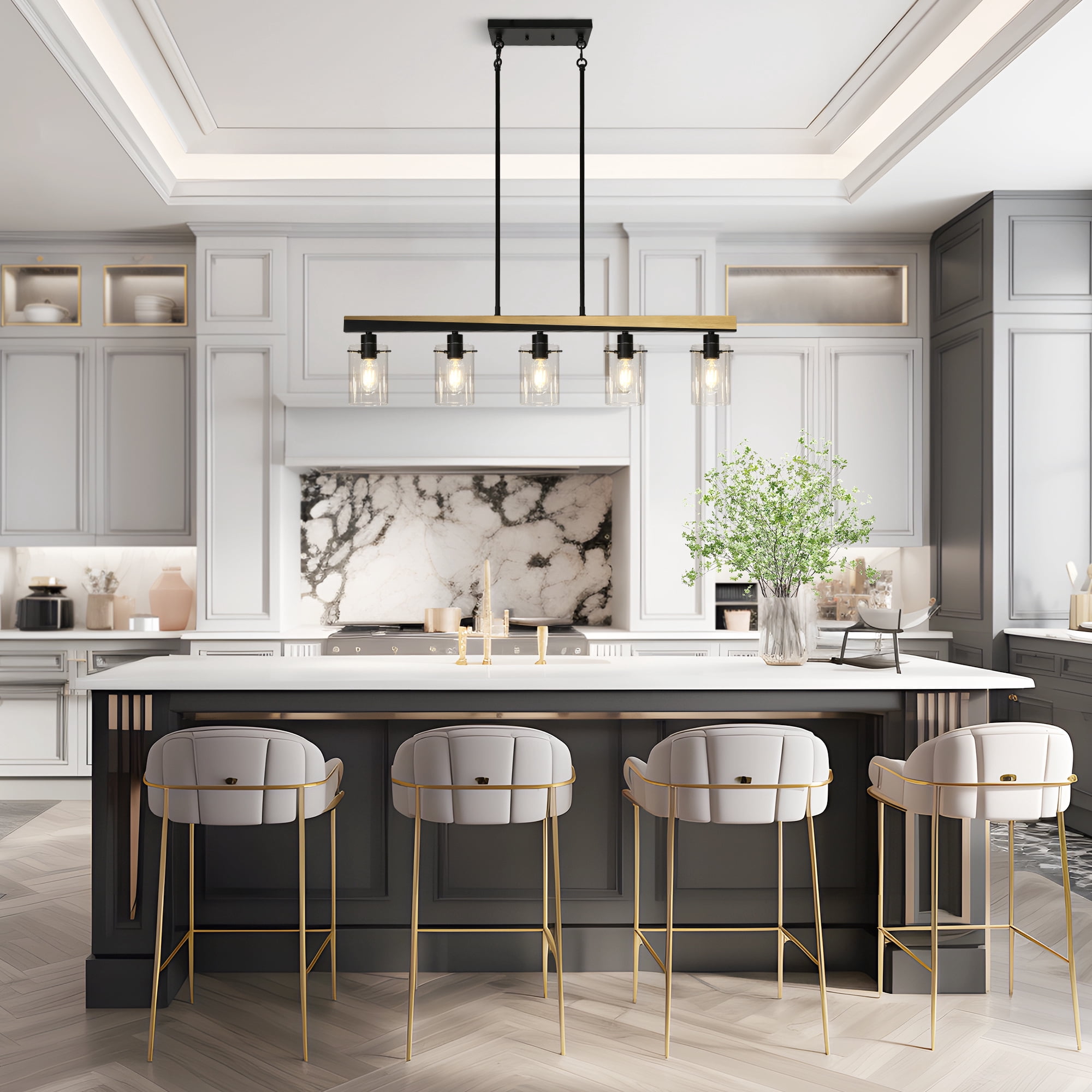 LNC 5-Light Black and Gold Large Linear Pendant with Clear Glass for Kitchen Island