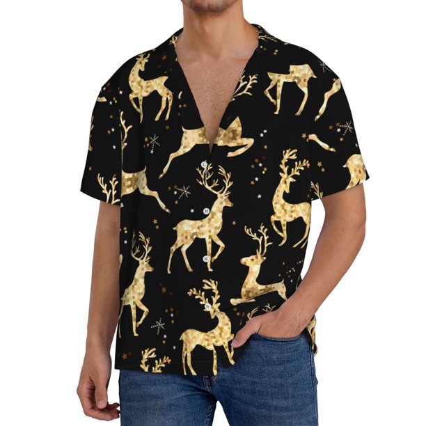 Fotbe Christmas Gold Deers Camisa Estampada de Manga Corta para Hombre, Casual de Verano, Estilo Playero, Sin Arrugas-X-Large
