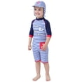 thumbnail image 3 of StylesILove Kid Boys Chic Animals Printed One-Piece Rash Guard with Sun Hat 2pcs Swimsuit Pool Swimwear Beach Bathing Suit (Anchor/Blue Stripes, 4T), 3 of 8