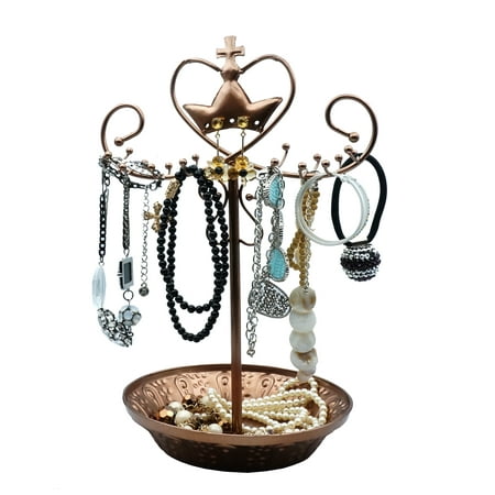 K-cliff Necklace Organizer Jewelry Stand Rotating Bracelet Holder Classic Metal Spinning Earring Hanging Rack Tree Tower With Large Tray Base 16 Loops for Earrings Necklaces Bracelets Rose Gold