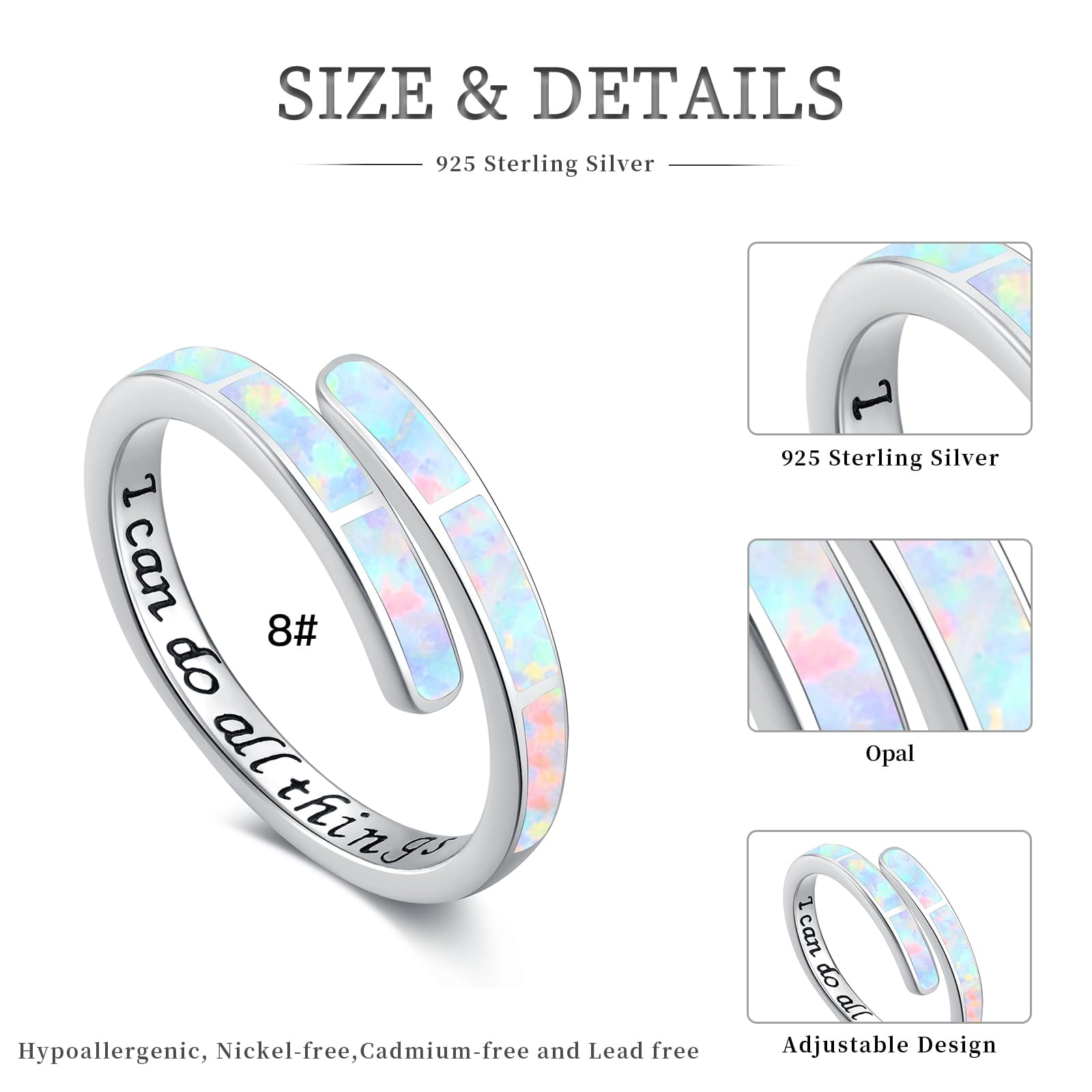 Coachuhhar Opal Ring 925 Sterling Silver White Adjustable Opal Rings Opal Jewelry Gifts for Women Birthday
