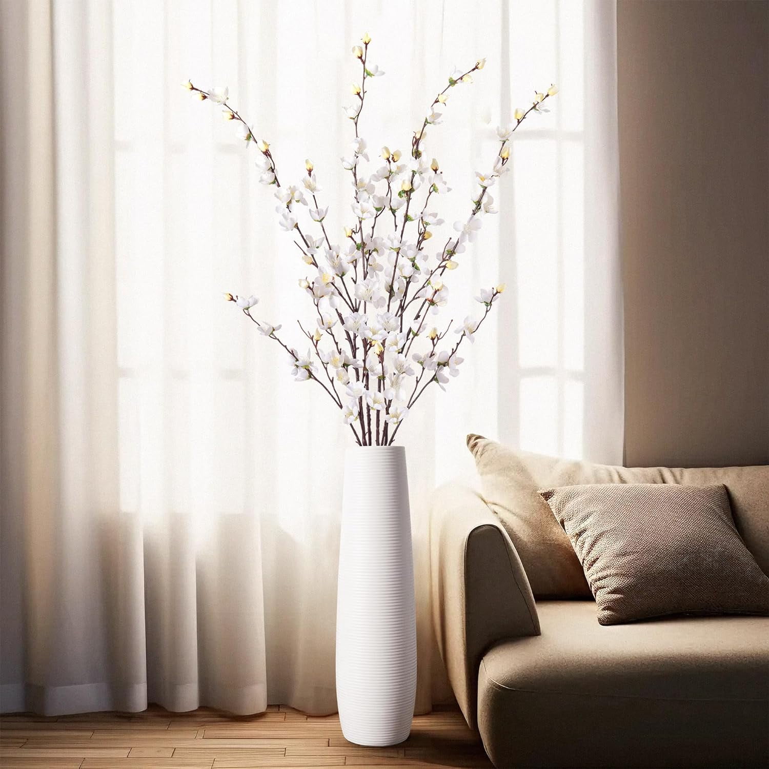 Artificial Faux Plants Flowers Indoor Spring Decor，4 Bundles Fake Silk Plum Blossom,Faux Silk Cherry Blossom Branches for Wedding Office Party Hotel Home Decor，Vase Not Included(White)