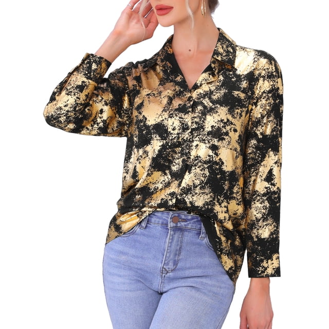 Camisas de botón para mujeres, blusa casual de cuello en V, de manga larga, camisa de fiesta moderna con bolsillos, M, negra