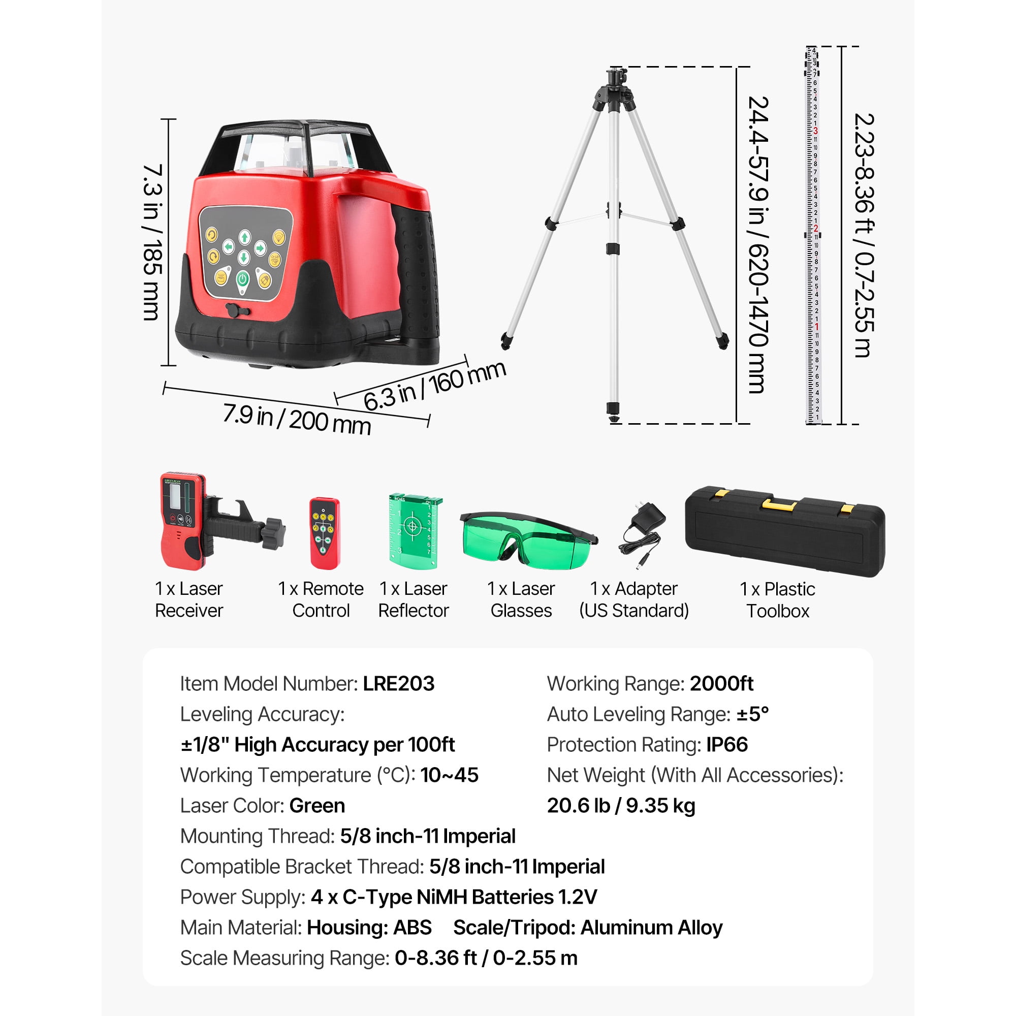 KFFKFF Rotary Laser Level Kit, 2000ft 360-Degree Self-Leveling Green Horizontal Laser with Tripod, Receiver, Remote, Scale, Carrying Case, IP66 Waterproof, 0.80in/100ft Accuracy
