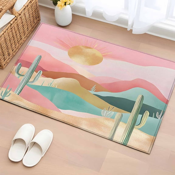 Southwest Boho Bathroom Rug Washable 2x3 Entryway Rug Non Slip Abstract Watercolor Cactus Mountain Front Door Mat Low Pile Indoor Doormat Throw Floor Carpet for Kitchen Bedroom Entrance
