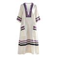 thumbnail image 5 of KHONTS Women's 3/4 Sleeve V-Neck Strip Oversize Linen Maxi Dress Plus Size Loose Long Dresses 05-Purple XL, 5 of 6