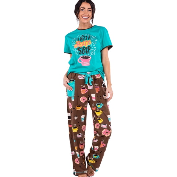 Lazy One Women's Pajama Set, Short Sleeves with Cute Prints, Relaxed Fit, Latte Sleep