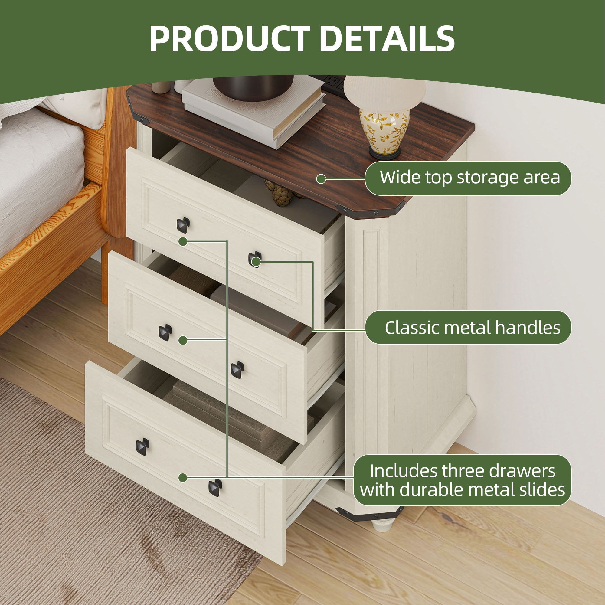 Uforic Rustic Nightstand with Charging Station & Drawers, Bedside Table for Bedroom, White