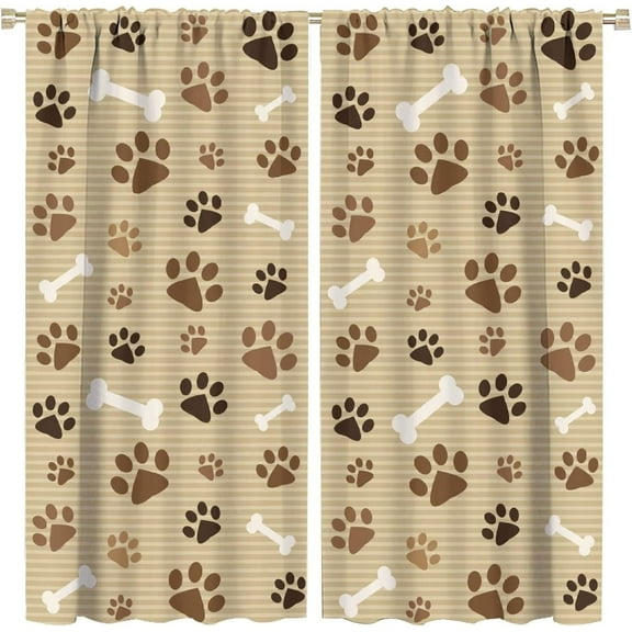 Cartoon Dog Curtains Coffee Color Dog Paw Prints Pattern Bone Rod Pocket Blackout Window Treatment for Kids Girls Bedroom Children''s Room Kitchen Home Decor Art Printed Window Drapes 42x54in