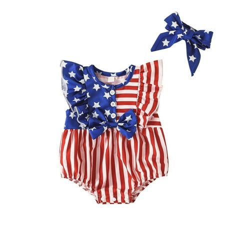 

IROINNID Toddler Girl s Fashion Stripe Bow Romper Jumpsuit Headdress Suit Sleeveless USA Flag Prints One-Piece Jumpsuit
