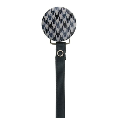 Grey Houndstooth Pacifier Clip with Matching Ribbon