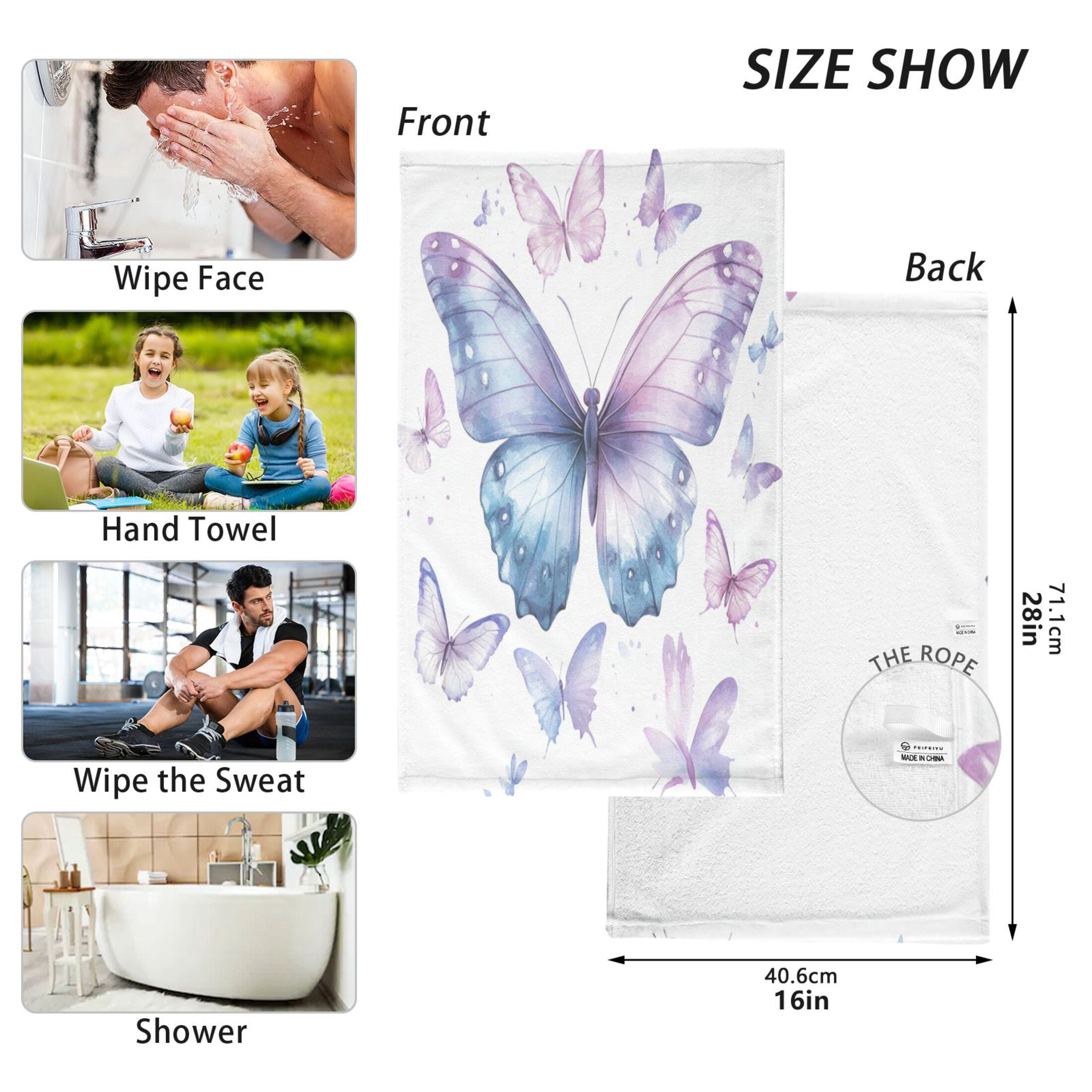 2 Pcs Absorbent Face Towel Bath Hand Towels Soft Breathable Cotton Towel Set for Bathroom Kitchen Hotel Spa Decor A Flock Of Butterflies