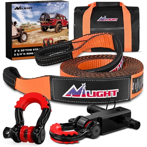Nilight 3" x 30' Recovery Tow Strap Kit with 2" Hitch Receiver and 3/4" Anti-Theft D-Ring Shackles Storage Bag Heavy Duty Tow Rope for Car Truck SUV ATV (MBS 31500LBS)