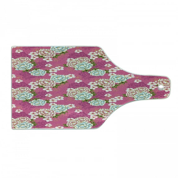 Traditional Cutting Board, Vivid Botanical Pattern from Taiwan Hakka Culture with Peony and Hibiscus, Tempered Glass Cutting and Serving Board, Wine Bottle Shape, Pink Blue Green, by Ambesonne