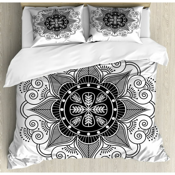Tattoo Duvet Cover Set Queen Size, Illustration of Floral Oriental Mandala Style Folk Motifs in Monochrome, Decorative 3 Piece Bedding Set with 2 Pillow Shams, Charcoal Grey and White, by Ambesonne