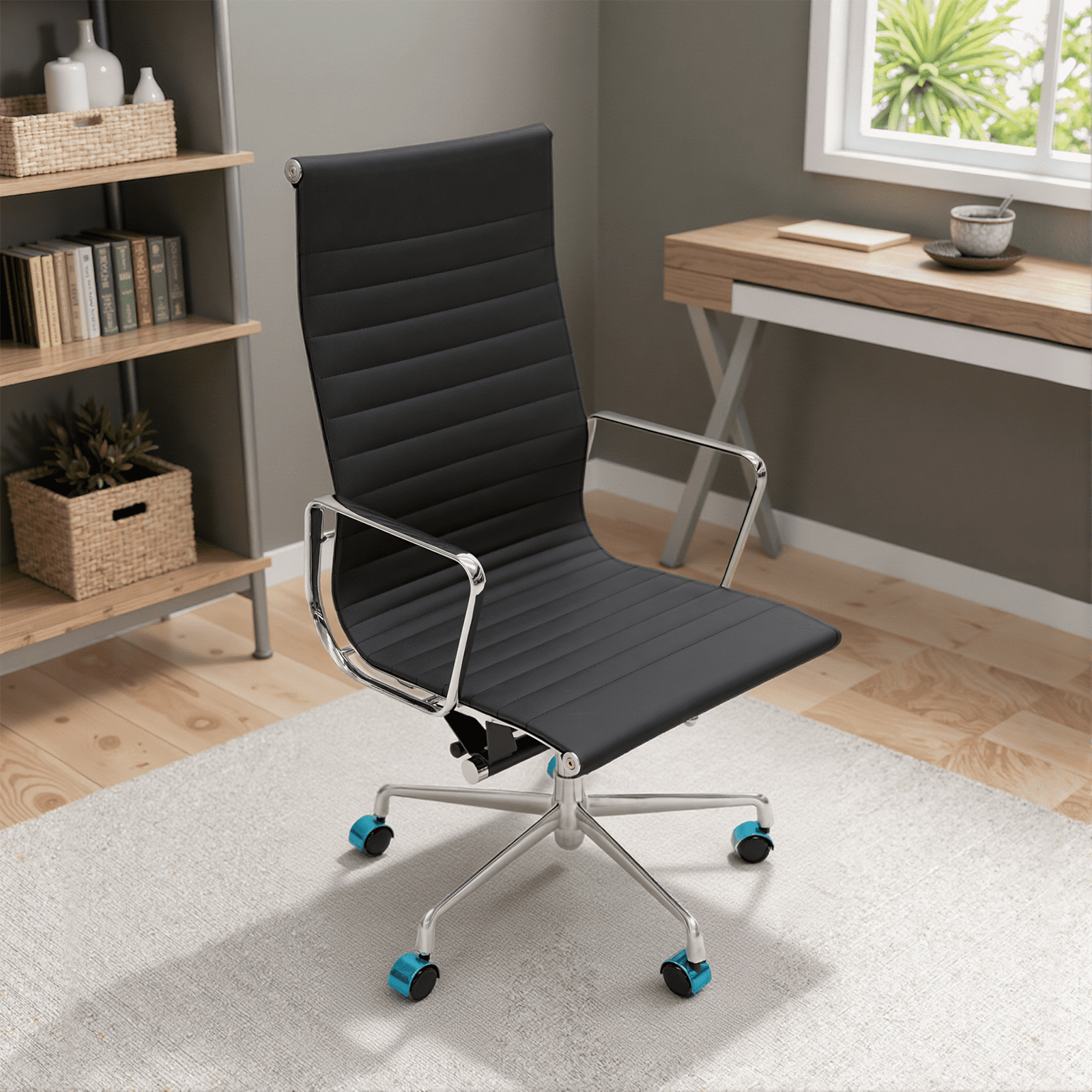 Genuine Leather Swivel Desk Office Chair, Adjustable Aluminum Base Conference Chair for Home Office