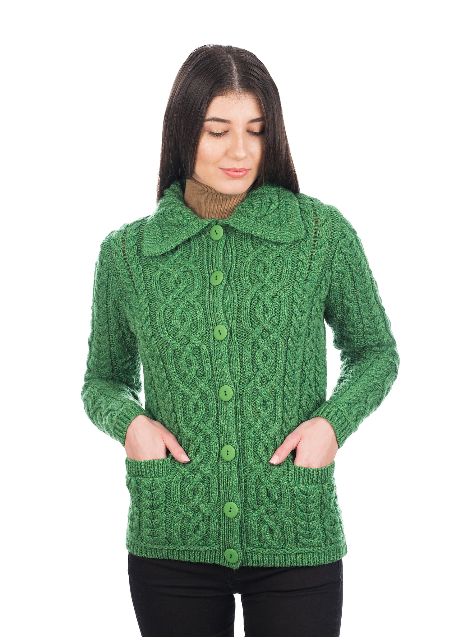 SAOL - Irish Cardigan Sweater for Women 100% Merino Wool Aran Knit