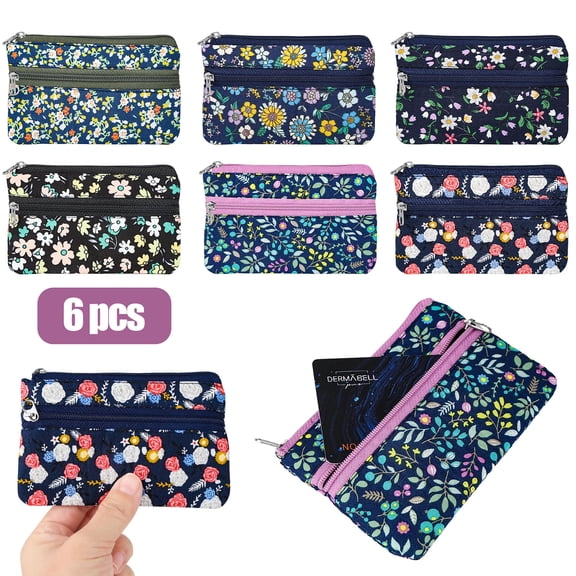 6pcs Floral Coin Purse Set, EEEkit Double Zipper Coin Pouch Wallet for Women, Card Holder Cash Key Organizer Bag
