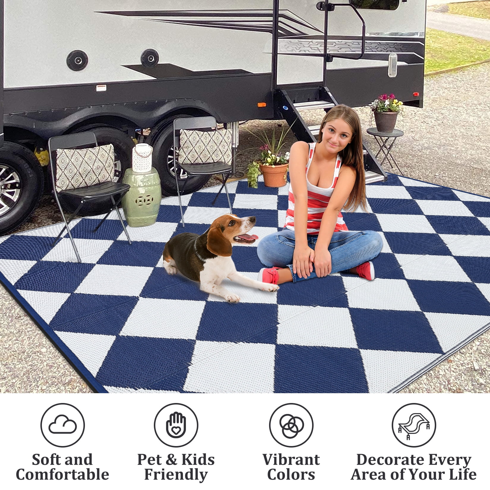 Senfot 8x10 Waterproof Portable Outdoor Rug, Modern Geometric Plastic Carpet for Patio Camping Deck Backyard Porch Decor with Storage Bag Blue and White